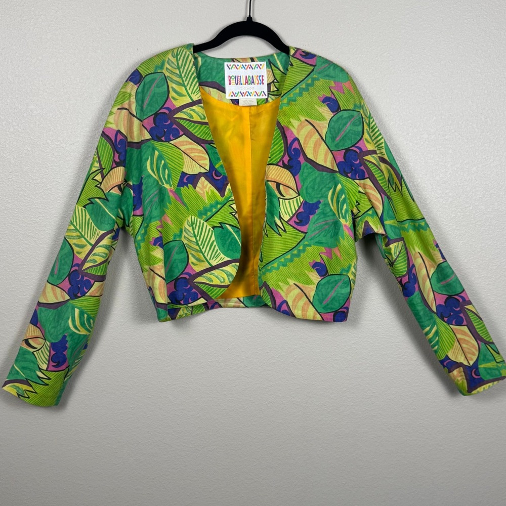 Vintage Boullabaisse Sport Tropical Toucan Cropped Jckt Sz 10 Ramie Art To Wear